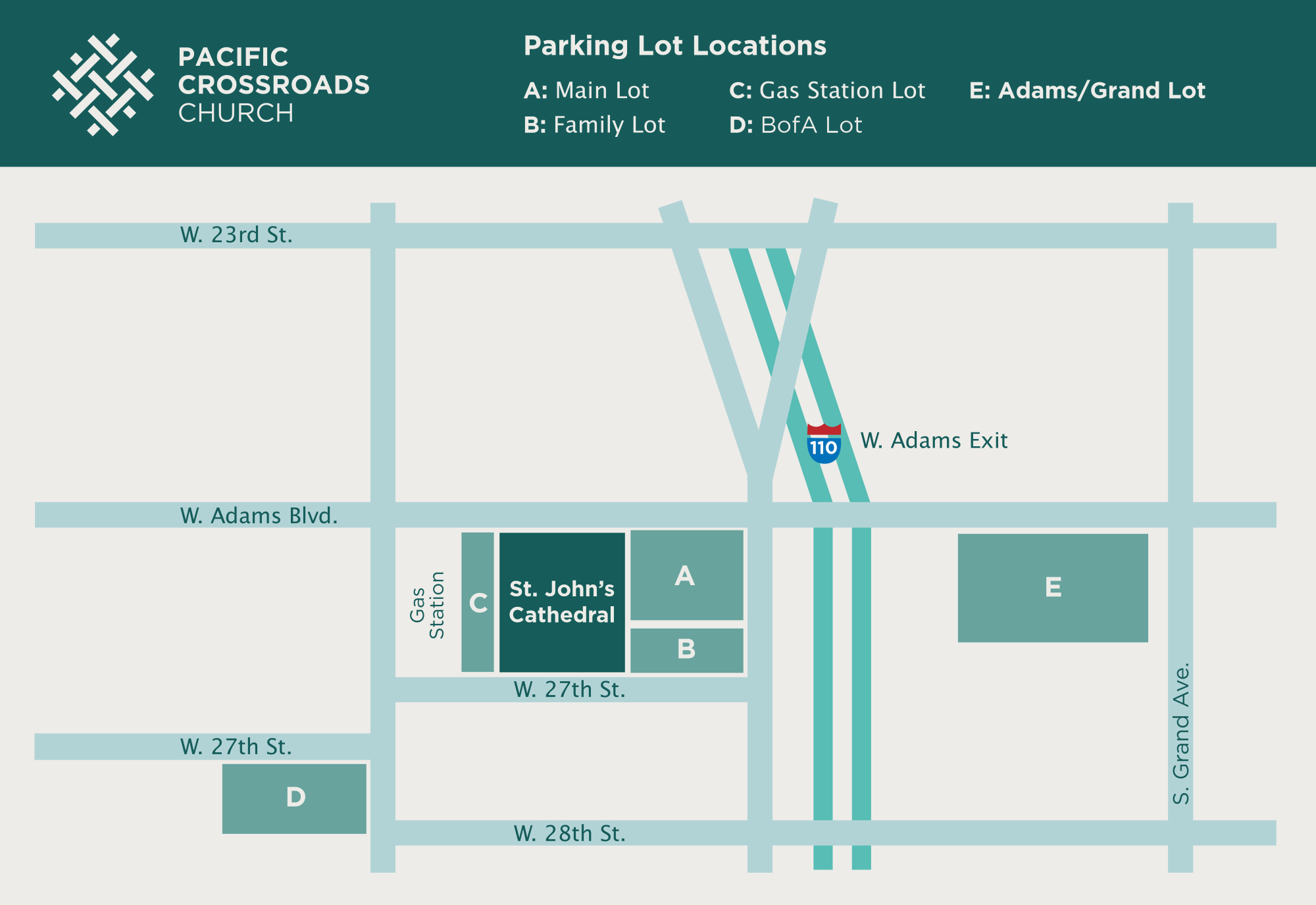 Map showing where to park near St. John's Episcopal Cathedral